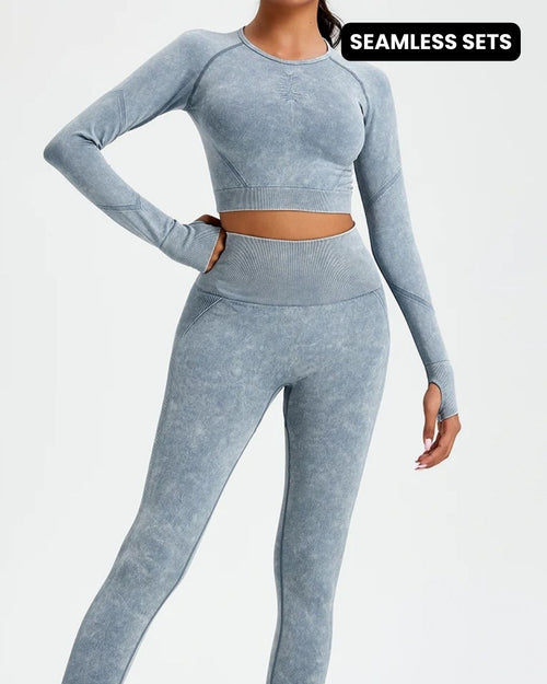 Seamless Wash Activewear Long Sleeve Crop Pant Gym Set Blue