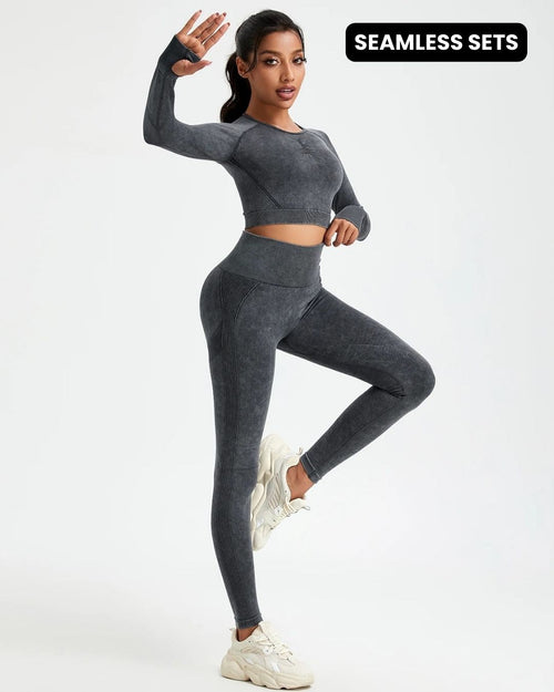 Seamless Wash Activewear Long Sleeve Crop Pant Gym Set Dark Grey