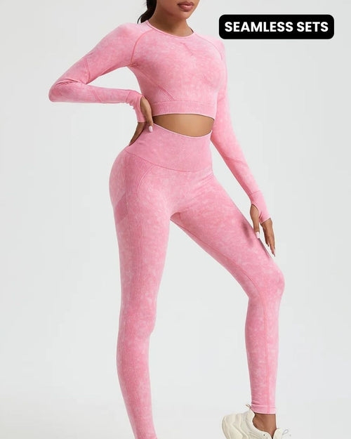 Seamless Wash Activewear Long Sleeve Crop Pant Gym Set Pink