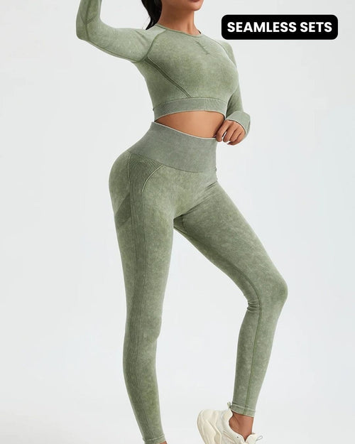Seamless Wash Activewear Long Sleeve Crop Pant Gym Set Olive